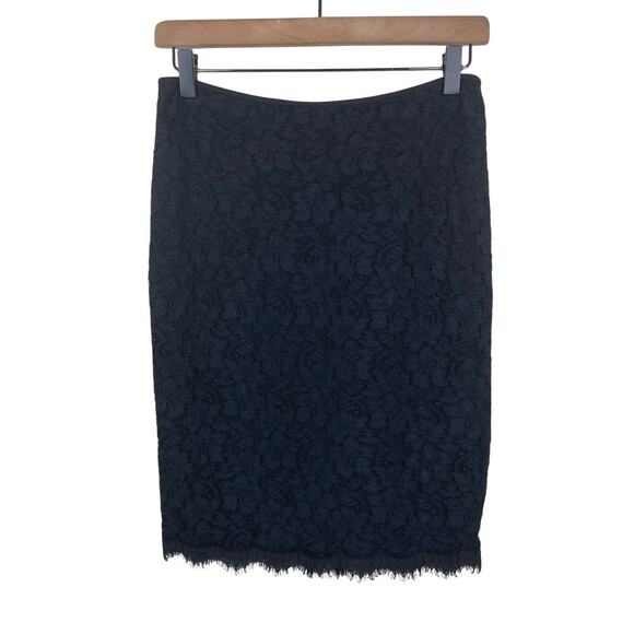 Diane Von Furstenberg Black Floral Lace Frayed End Zip Up Lined Pencil Skirt - Picture 1 of 9